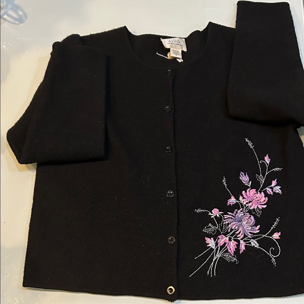 Vintage ? Black wool Cardigan with Purple pinks Floral Embroidery Field Manor